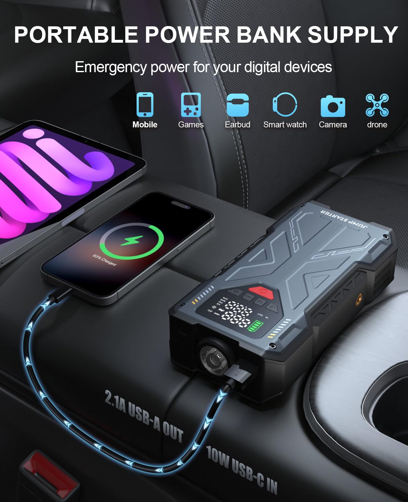 Jump Starter with Air Compressor 4000A, Emergency Car Jumper Starter Portable(8.0L Gas/6.5L Diesel) with 150PSI Auto-Shutoff Tire Inflator, 12V Jump Box Car Battery Booster Power Pack with QC3.0, LCD