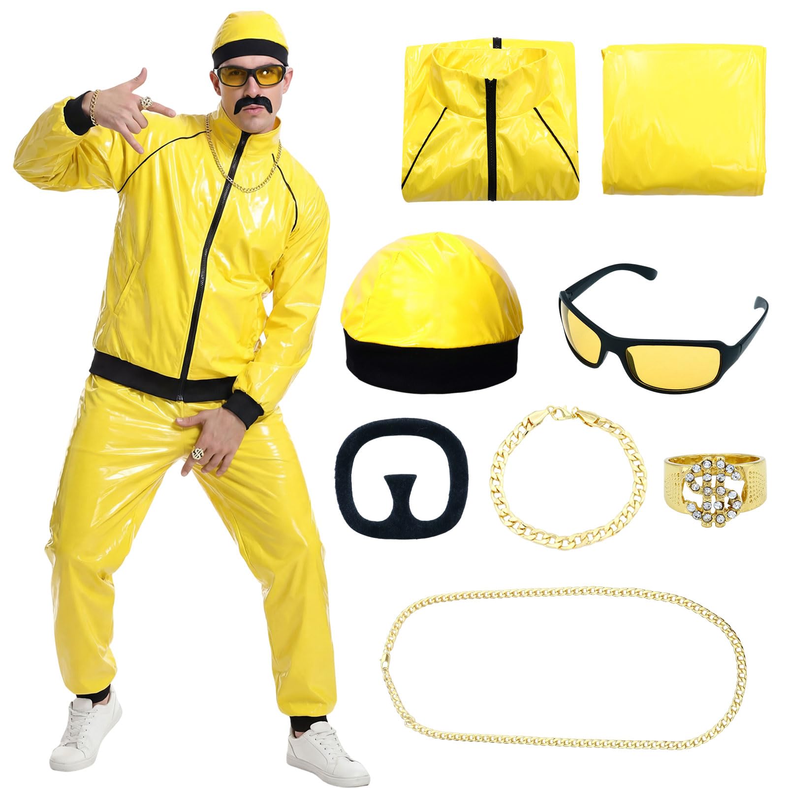 Antsparty 90s Rapper Celebrity Ali g Costume Adult, 90s 80s Yellow Shell Suit with Necklace Glasses Beard, 90s Fancy Dress Costume for Carnival Party Halloween Stag Do