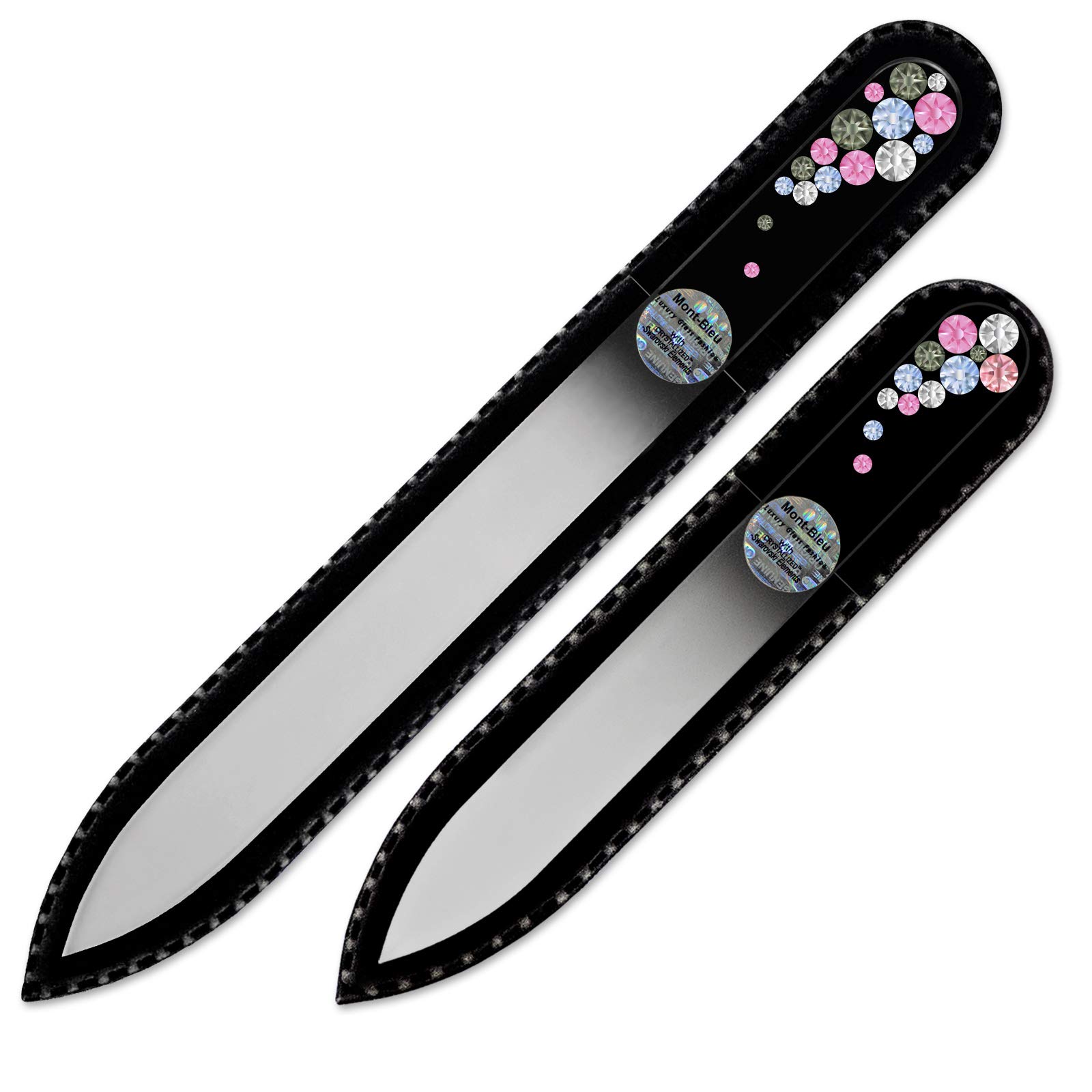 Mont Bleu Set of 2 Crystal Nail Files Hand Decorated with crystals - in Black Velvet Sleeve - Genuine Czech Tempered Glass - Handmade gifts - Premium Nail Filer Kit for Natural Nails