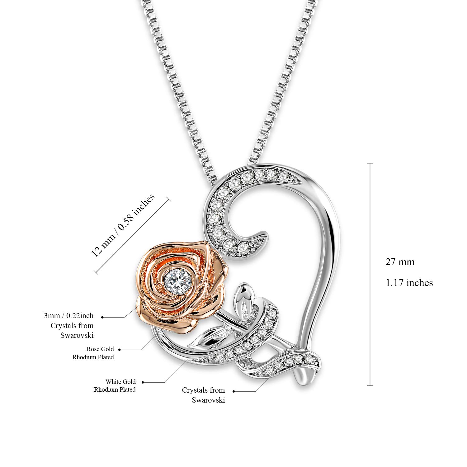SNZM Pendant Necklace Love Heart Rose Flower Necklaces Made with Swarovski Crystals Jewelry for Women Girls Gift Box Packaging