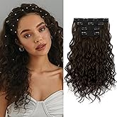 LEEONS Curly Clip in Hair Extensions, 4PCS 16 inch Curly/Wavy Hair Extensions Clip ins - Lace Weft Soft Natural Hairpieces for Women (Dark Brownk)