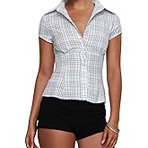 Women Y2k Short Sleeve Button Up Shirt Lapel Collar V Neck Plaid Open Front Blouse Basic Casual Going Out T-Shirt