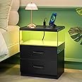 i-aplus Black LED Nightstand with Charging Station and Acrylic Board, 2 Drawer Night Stand with LED Lights for Bedroom, Modern Bedside Table for Bedroom (Black, 1 PCS)