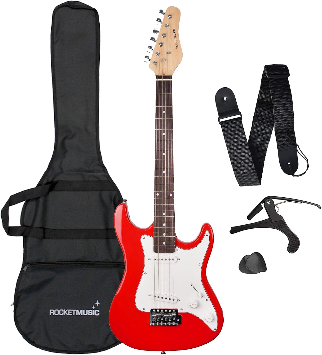 3rd Avenue XF 3/4 Size Kids Junior Electric Guitar Starter Beginner Pack with Bag, Strap, Picks and Capo - Red