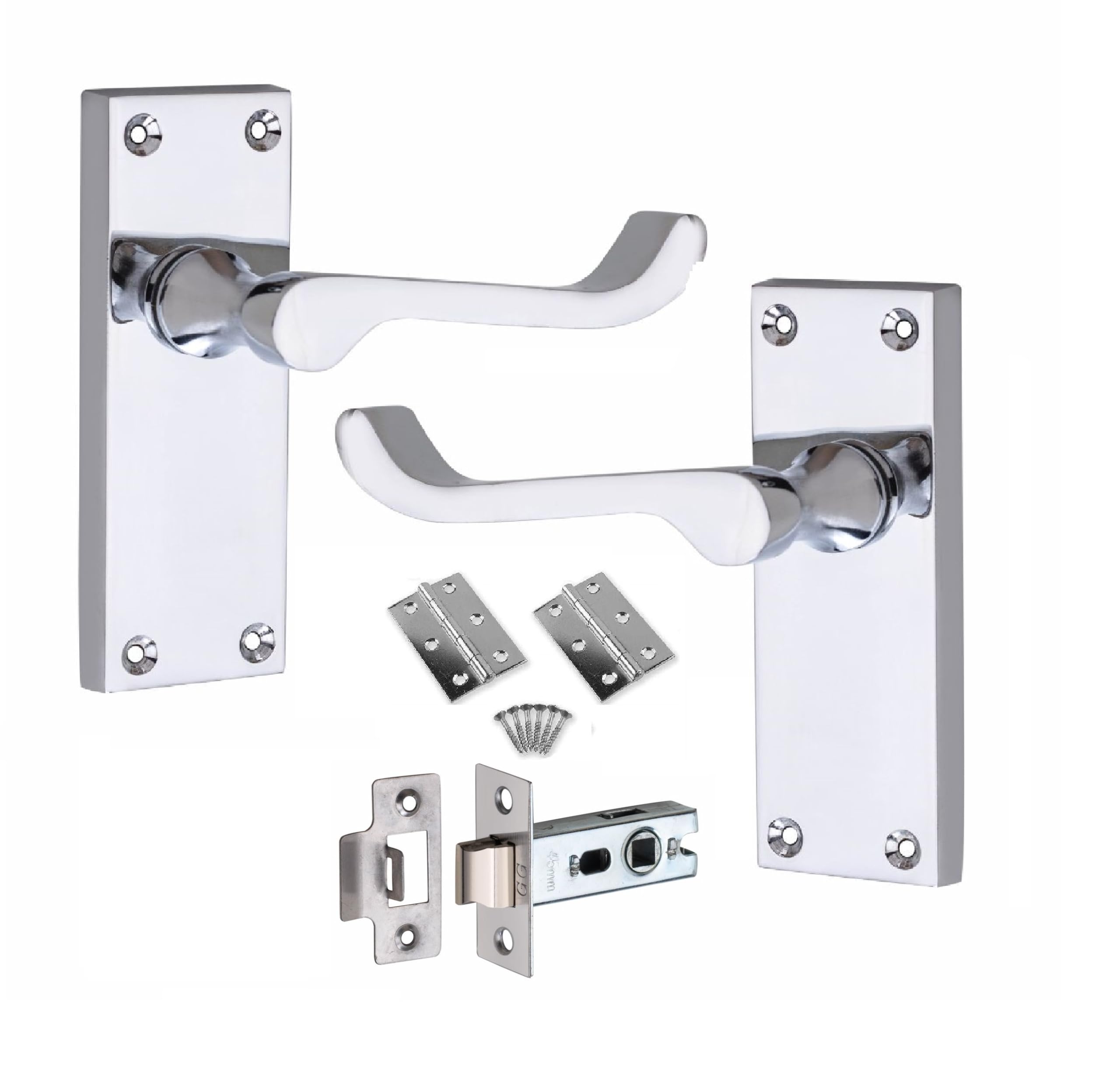 Golden Grace Victorian Scroll Door Handles Latch in Polished Chrome Finish with Hinges & Latches Pack, 1 Set - 120mm x 40mm Backplate