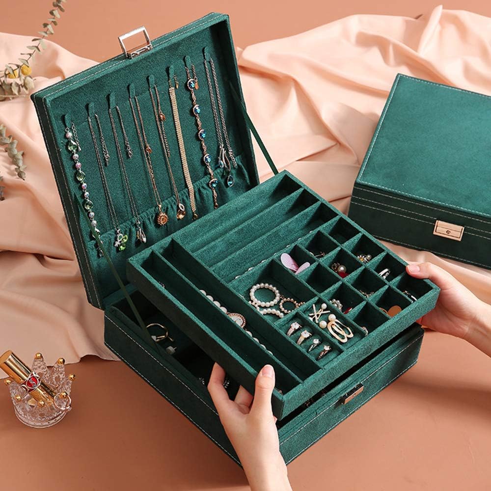 Jewelry Box for Women Girls, QBeel 2 Layer 36 Compartments Necklace Jewelry Organizer Box with Lock Jewelry Holder Display Storage Case for Earrings Bracelets Rings - Green: Home Improvement
