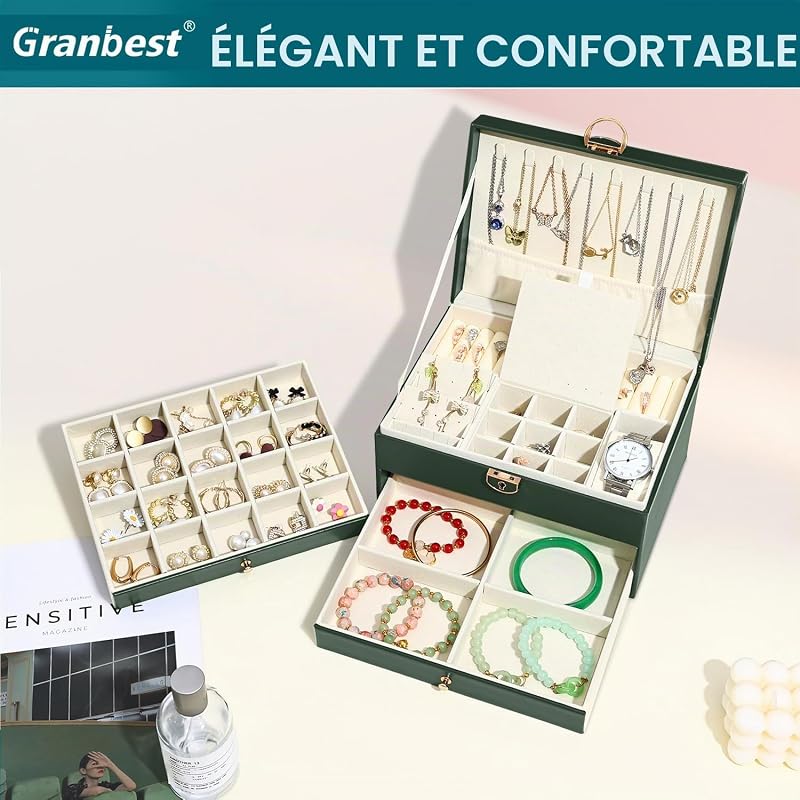 Boîte à bijoux 3 étages avec 2 tiroirs, élégant coffret à bijoux en cuir, idéal pour colliers, bracelets, bagues et boucles d'oreilles (Vert foncé) — photo 2 sur 7