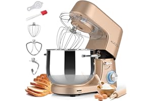 8.5 QT Double Handle KUCCU Stand Mixer, 6 Speed with Pulse Electric Kitchen Mixer, 660W Tilt-Head Food Mixer with Dishwasher-Safe Dough Hook, Flat Beater, Whisk, Splash Guard for home baking (Gold)