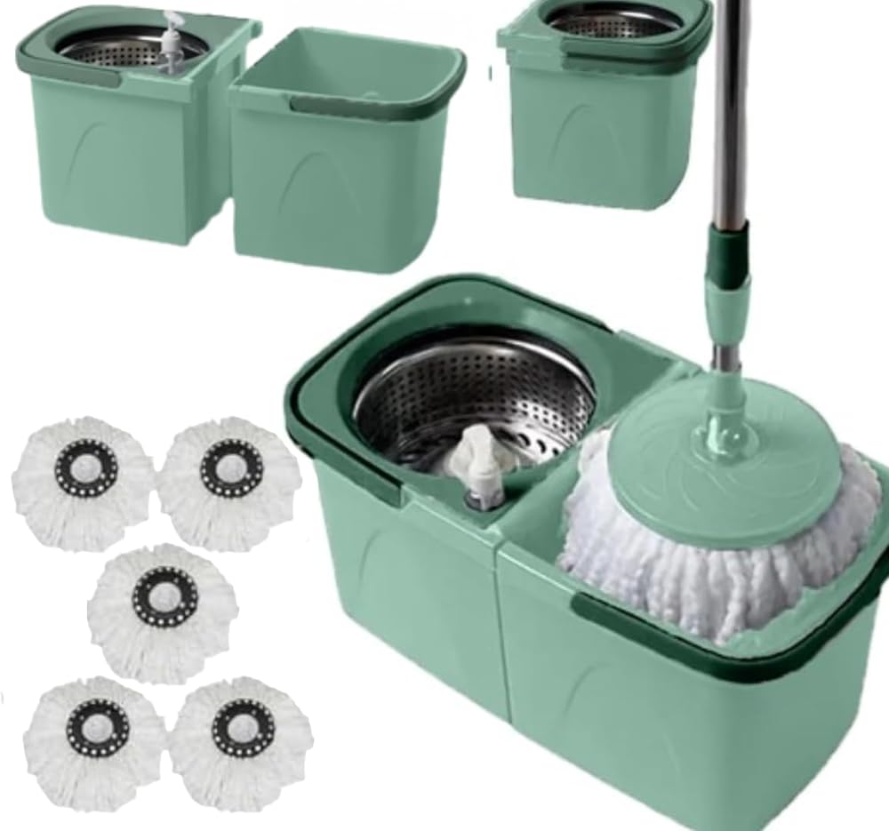 SwissPack NEW Scratch Anet Revolving Spin Mop and Bucket 5 Pads Split Set