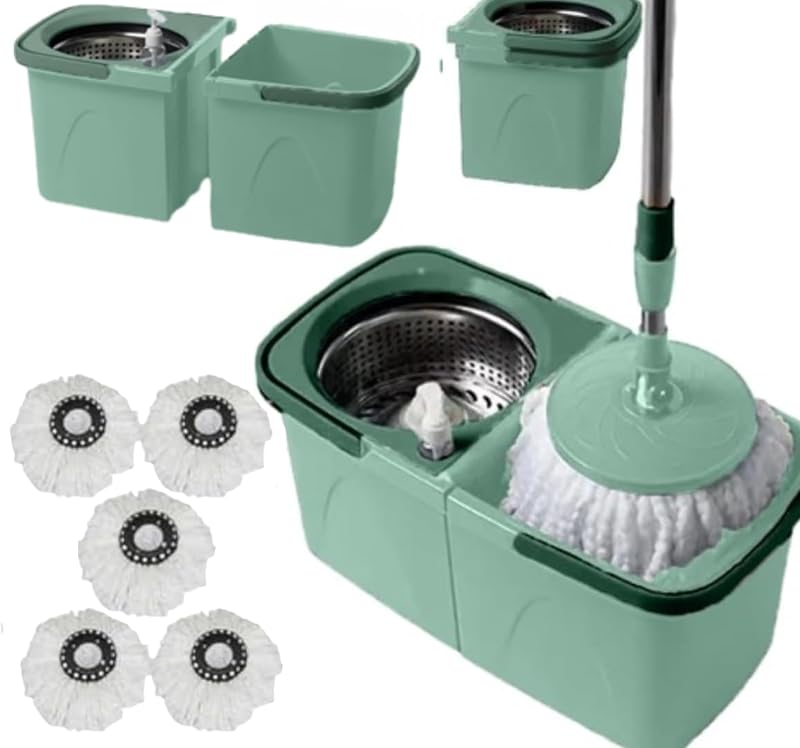 SwissPack NEW Scratch Anet Revolving Spin Mop and Bucket 5 Pads Split Set
