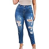 High Waist Skinny Jeans for Women Plus Size Distressed Ripped Jeans, Tapered Jeans with Stretchy High Rise Denim Pants