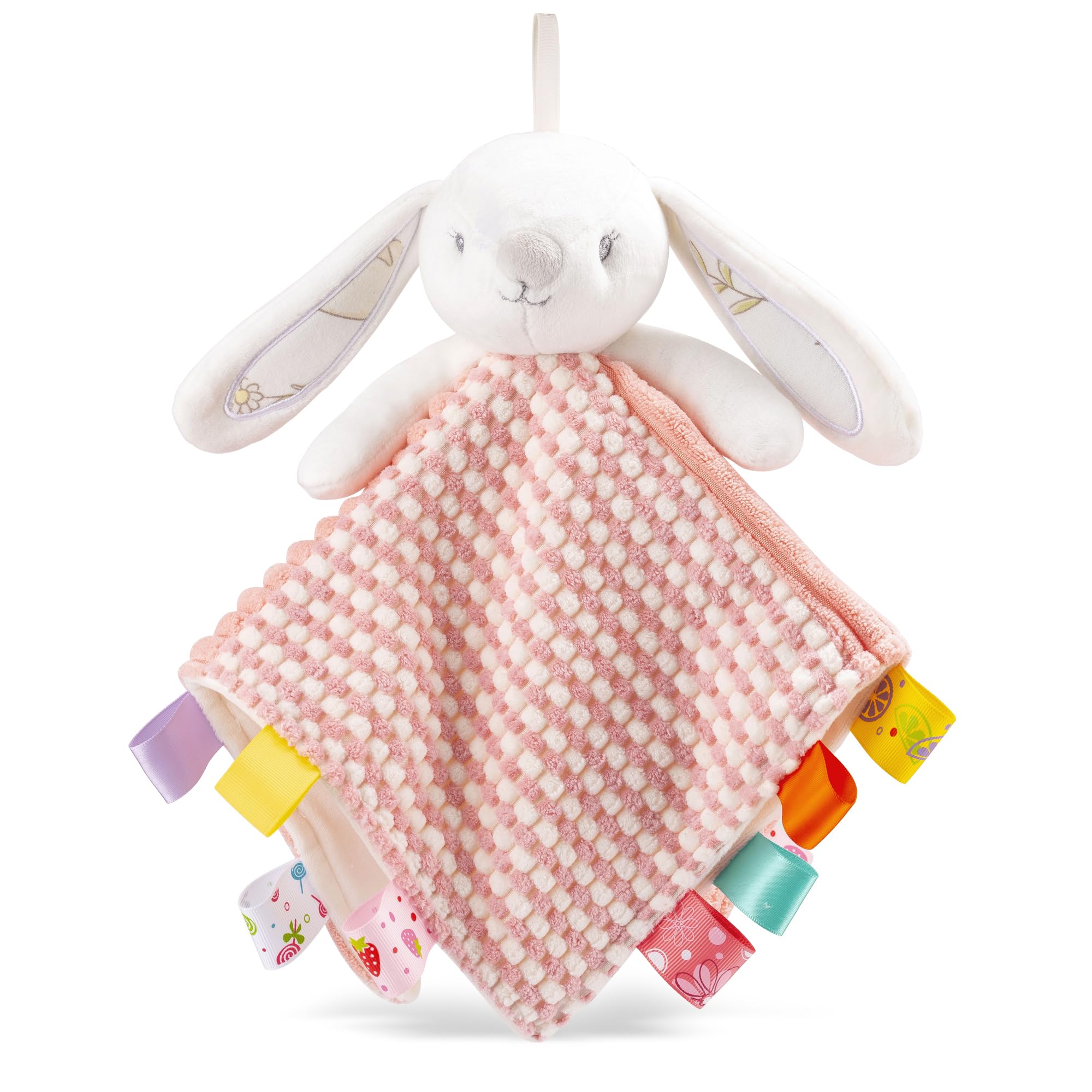 EAQ Baby Comforters with Taggies and Bell 38x38cm Baby Essentials for Newborn soft baby toys for Newborn baby girl Easter gift (Rabbit)
