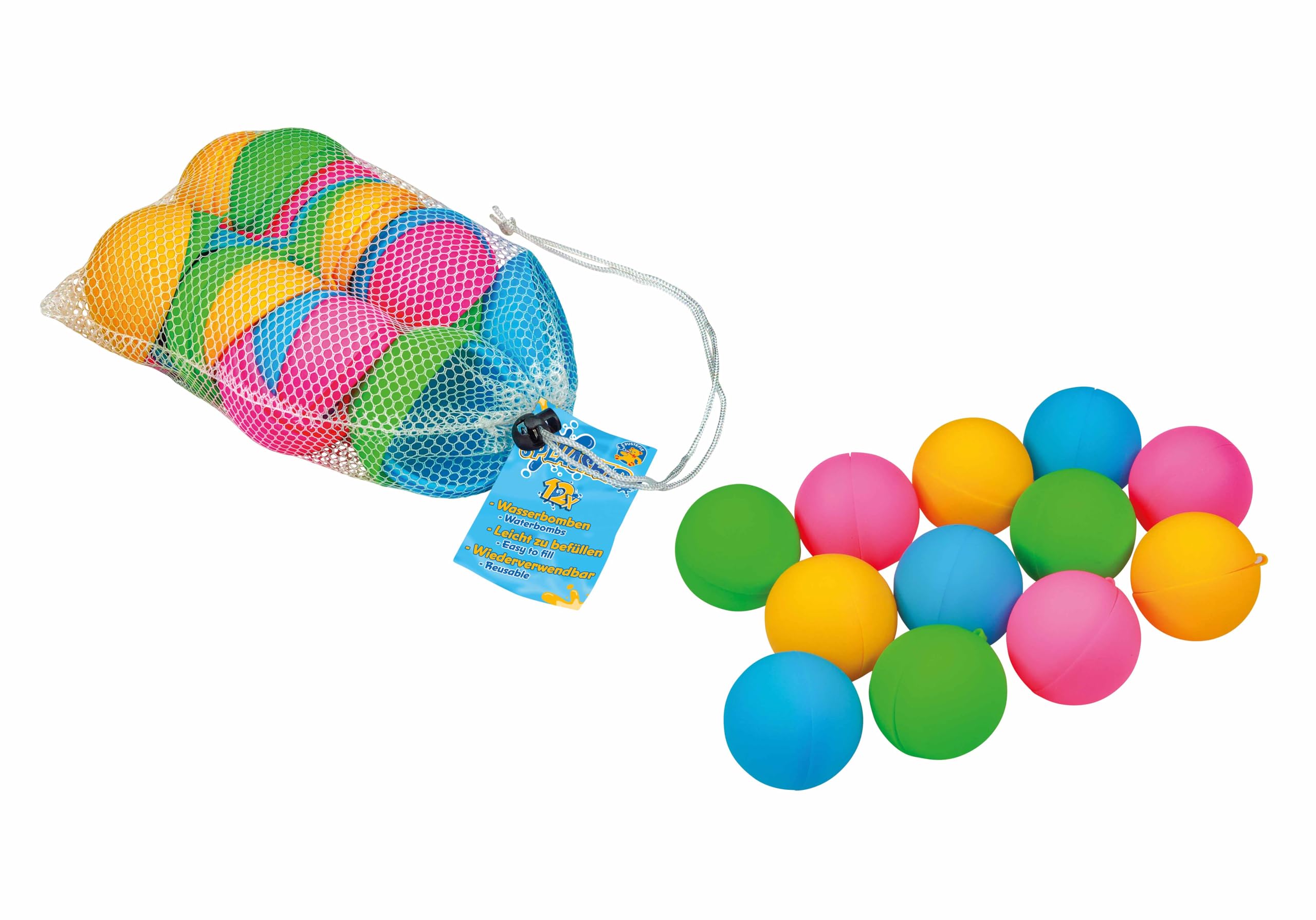Pustefix Water Splashers |Water Bombs 12 Pack | Quick and easy to fill | Flexible and soft material | Reusable water bombs | Practical mesh bag | 4 Years+