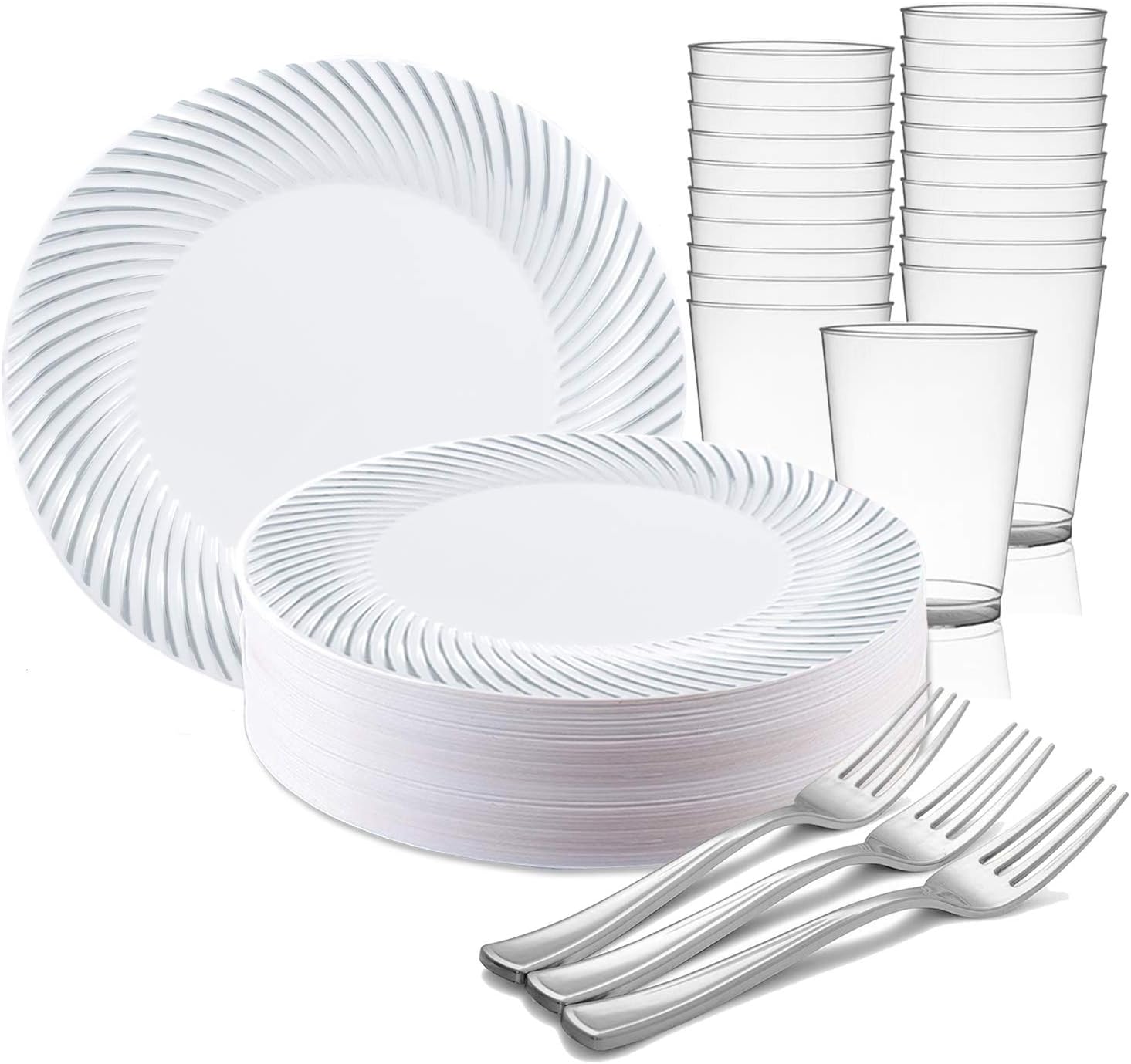 Elegant Disposable Plastic Buffet Party Set for 60 Guests Fancy White with Silver