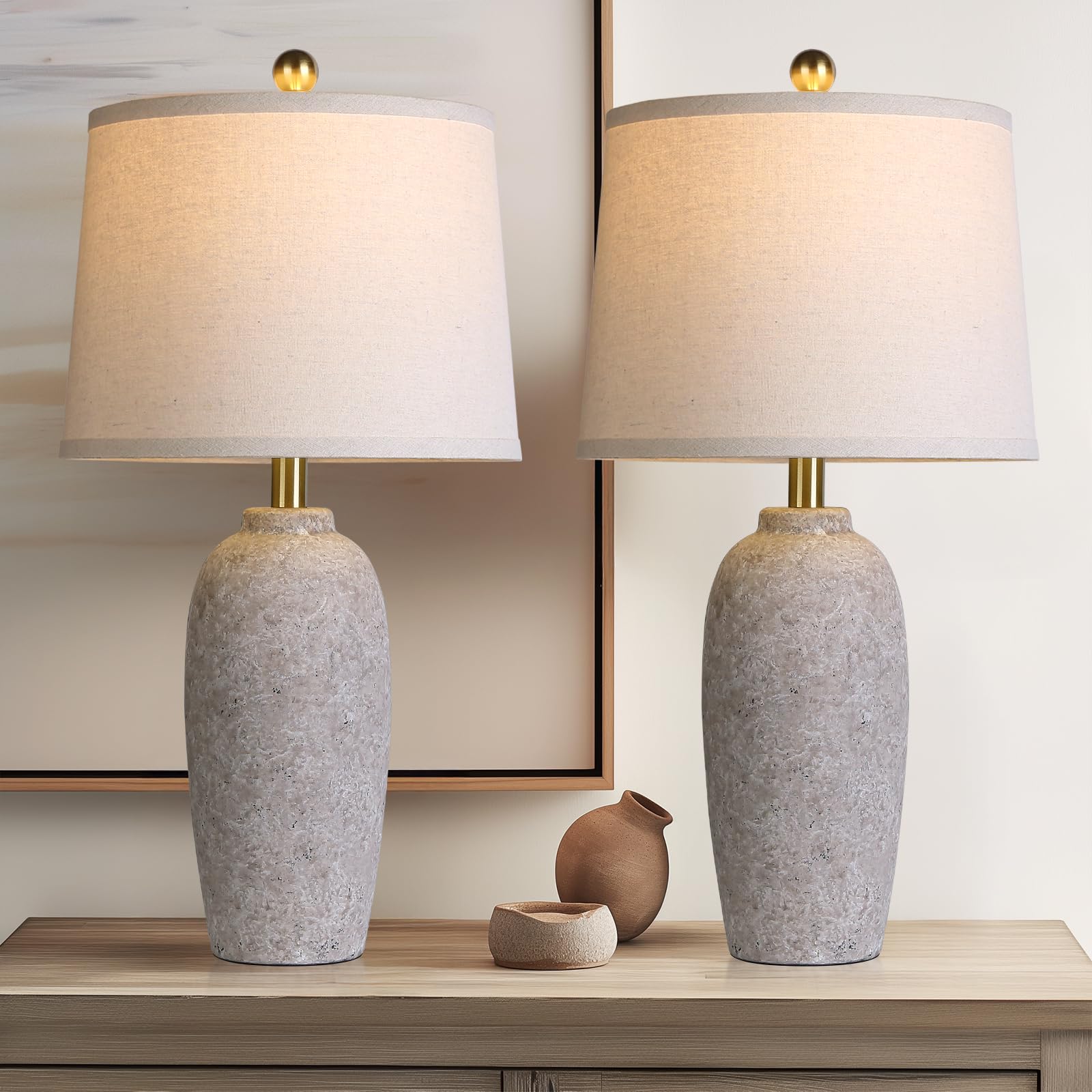 Photo 1 of MOUVOVO 25" Jar Table Lamps Set of 2, Ceramic Bedside Lamps for Living Room, Grey Farmhouse Nightstand Lamps for Bedroom