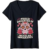 Womens Proud Daughter Of Mexican Immigrants Sugar Skull V-Neck T-Shirt