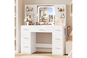 LIVELYGLOW Large Makeup Vanity Desk, 43.3”W x 15.7“D x 53.2”H, White (Large Desktop, Samrt LED Mirror, 4 Open Shelves, 7 Drawers, Hairdryer Rack, Power-Outlet, No Cushion Stool Included)