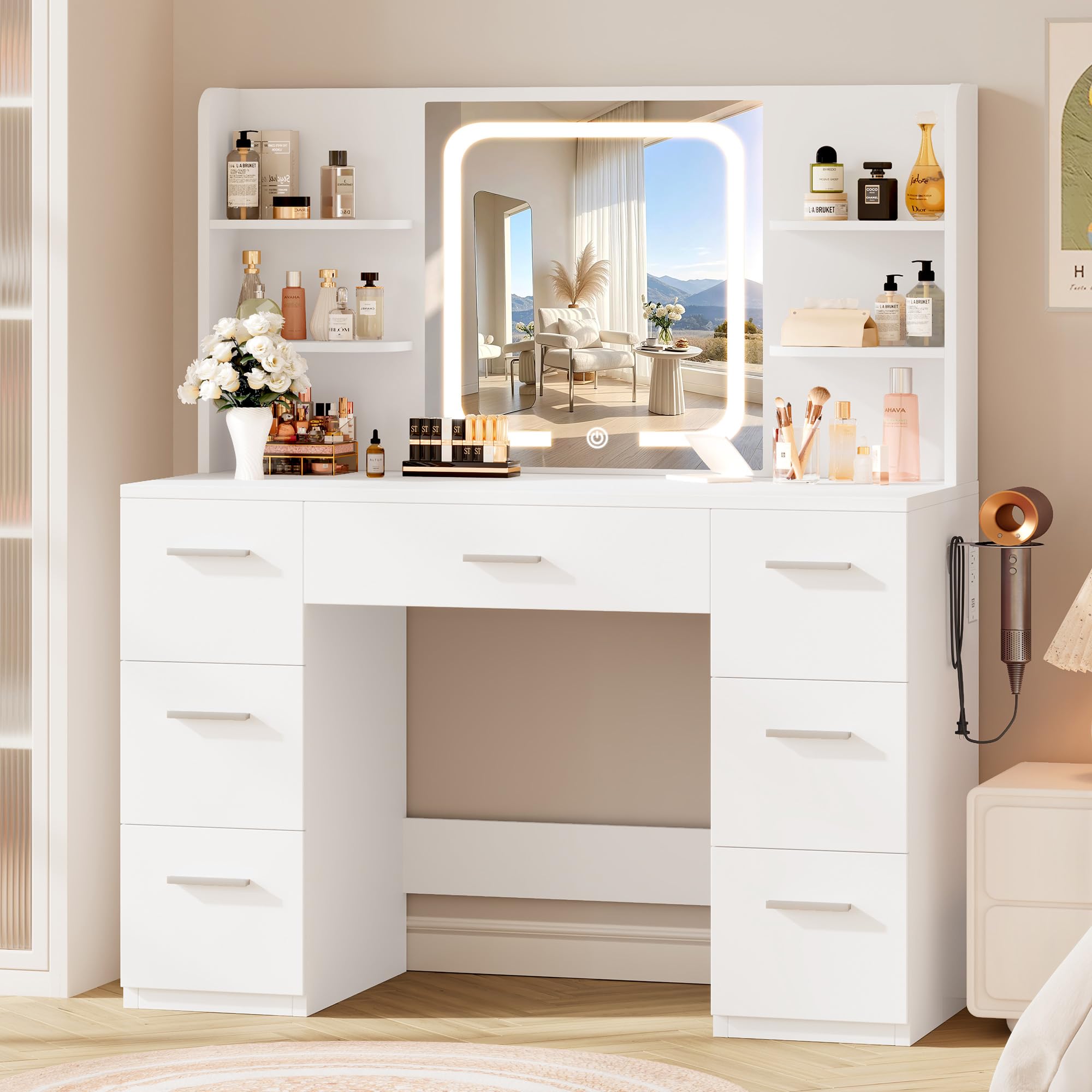 Photo 1 of ***MIRROR IN PERFECT CONDITION / ONE BROKEN BOARD***  TABLE LIVELYGLOW Large Makeup Vanity Desk, 43.3”W x 15.7“D x 53.2”H, White (Large Desktop, Samrt LED Mirror, 4 Open Shelves, 7 Drawers, Hairdryer Rack, Power-Outlet, No Cushion Stool Included)
