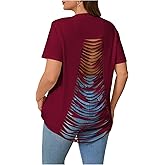 WDIRARA Women's Plus Size Fringe Tops Punk Criss Cross Ripped Open Back T Shirt Short Sleeve Backless Tee Top
