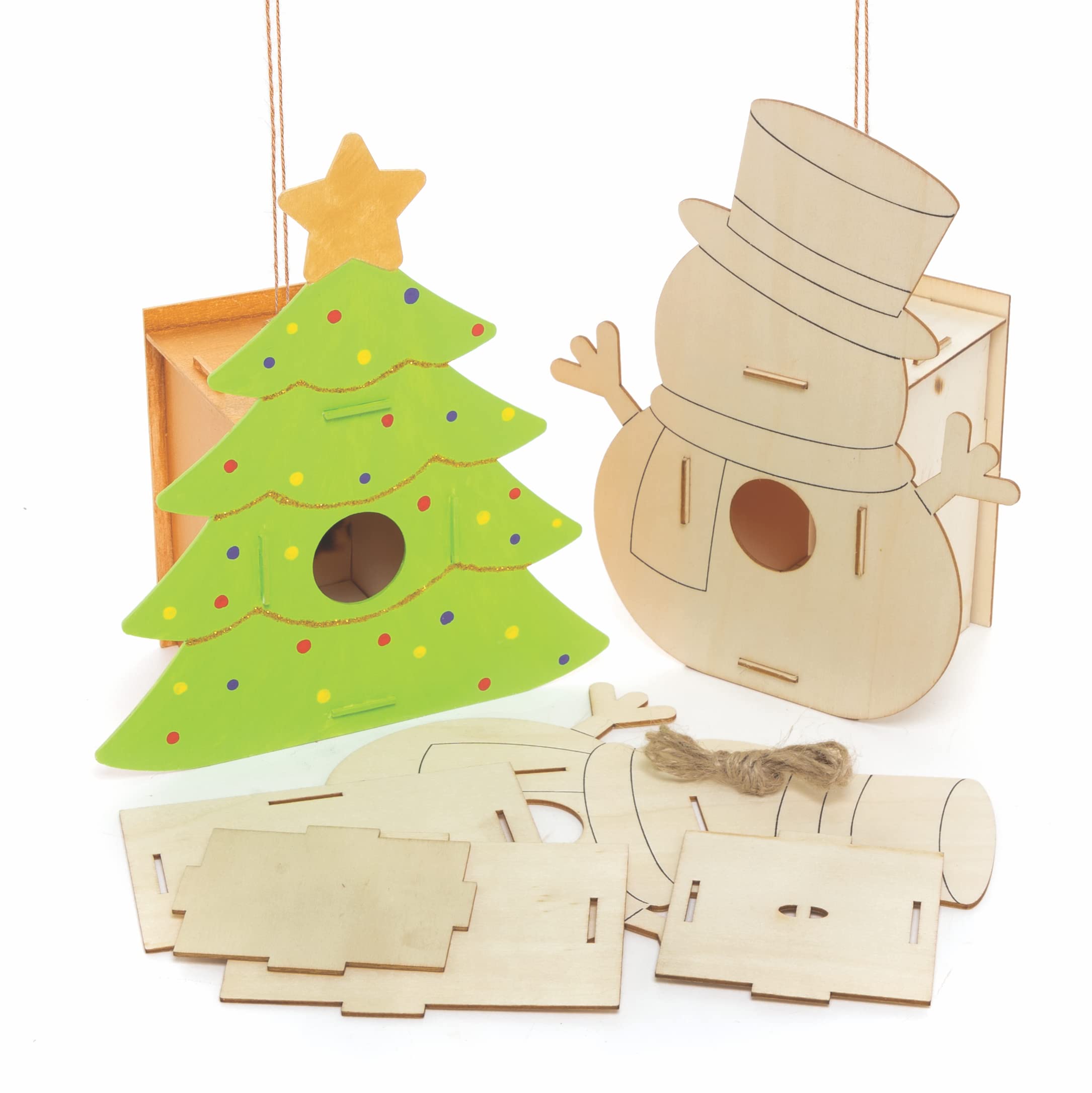 Baker Ross FC167 Christmas Wooden Bird House Kits - Pack of 2, Wood Crafts to Decorate and Display, Garden Crafts for Personalised Arts and Crafts Projects, Make Your Own for Kids, Green