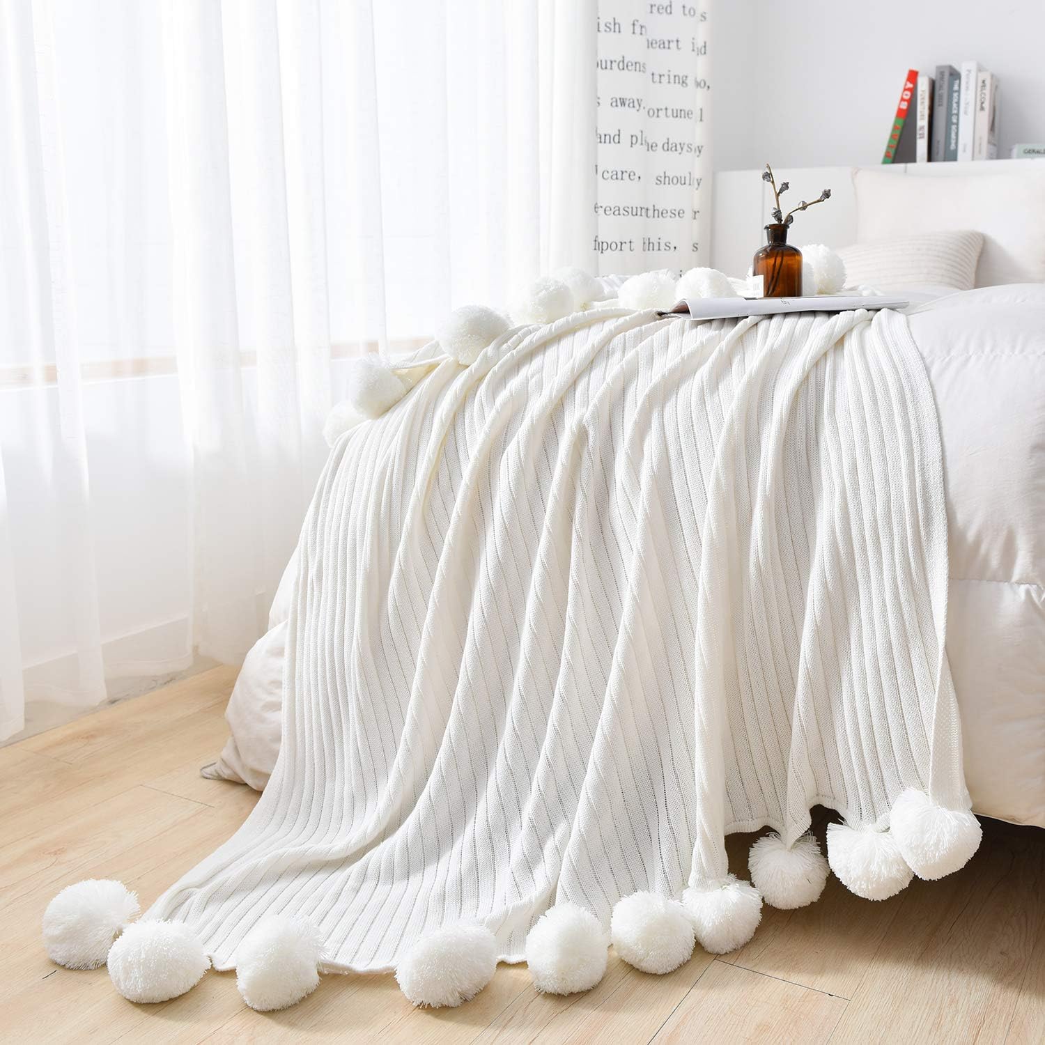 Fomoom Throw Blanket for Couch, 40 x 60 Inch White Pom Pom Throw Blanket Knit Blanket with Pom Poms, Fuzzy, Fluffy, Plush, Soft, Cozy, Warm Knitted Cover, Decorative Cotton Blanket for Sofa Bed: Home & Kitchen