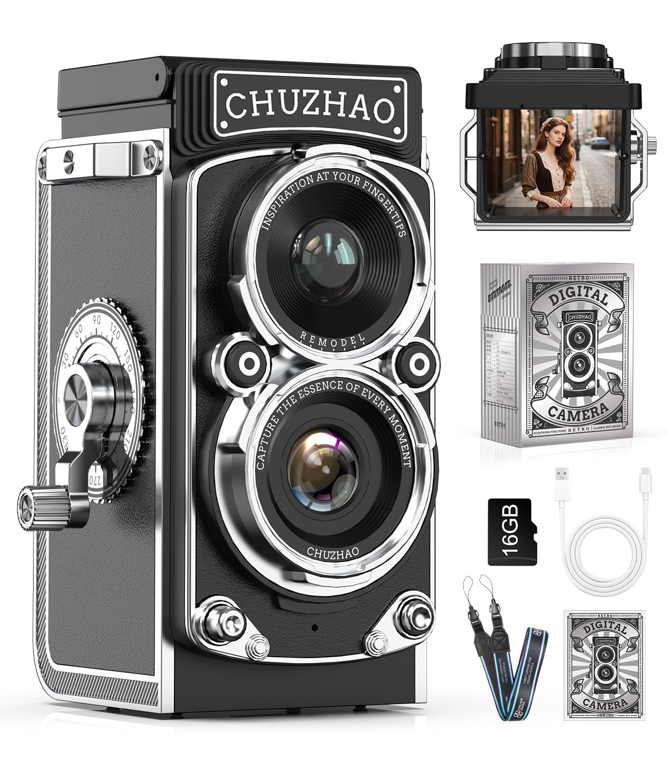 Photo 1 of CHUZHAO Retro TLR Style Digital Camera, Vintage Mini Point and Shoot with 1080P FHD Video, 12MP Autofocus, Pocket Travel Camera with 16GB Card, Gift for Kids Teens Adults