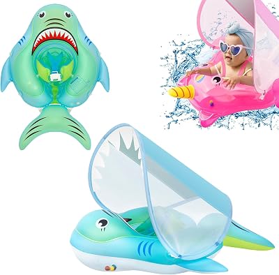 COSORO Newborn Baby Swimming Float 3-12 Months Blue Shark Sun Canopy