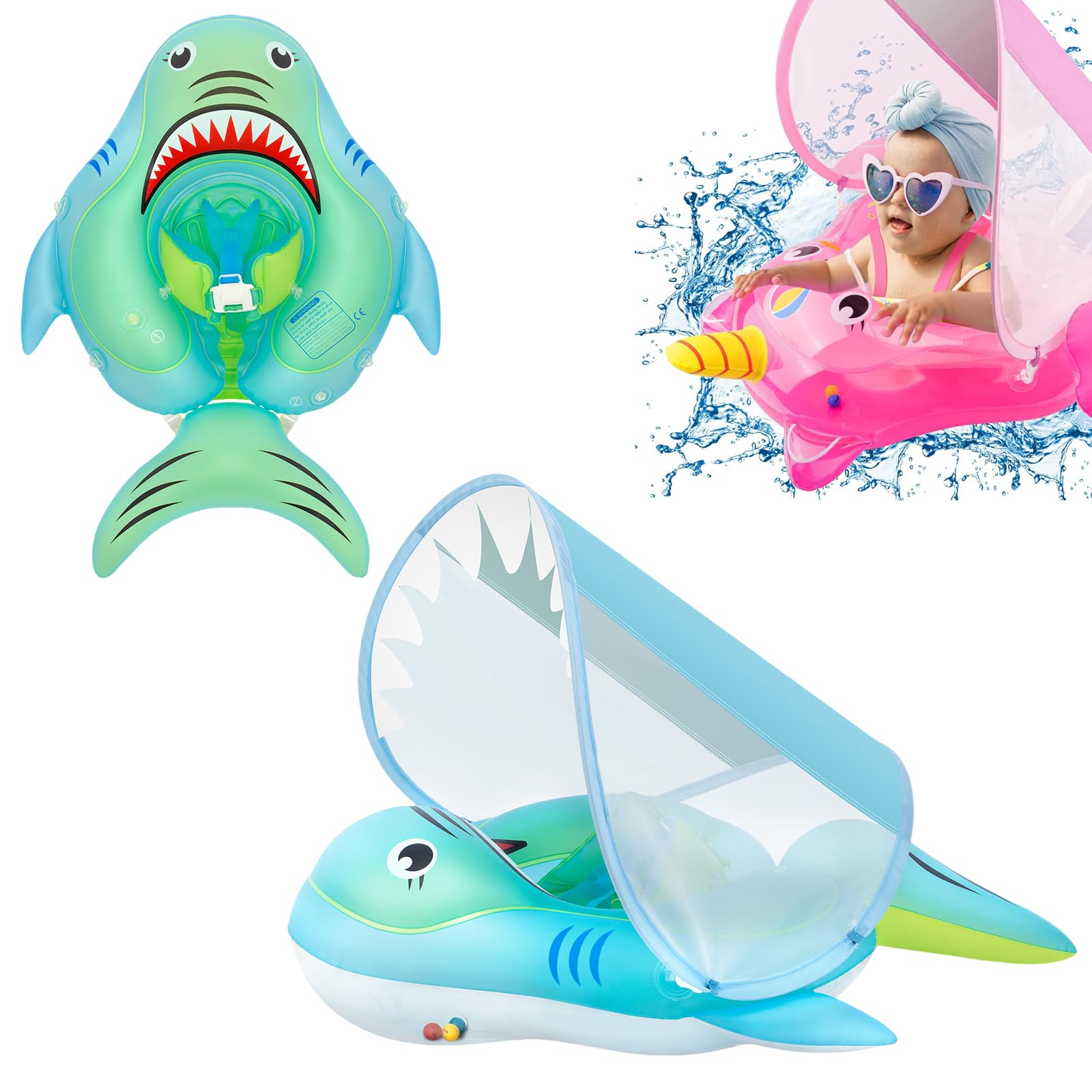 Newborn Baby Swimming Float 10-24 Months,Blue Shark Inflatable Baby Pool Float Ring with Sun Canopy Seat Anti-Flip Tail,Baby Swimming Ring Floating Swim Circle for Toddlers Infant Kids Boys Swim Ring