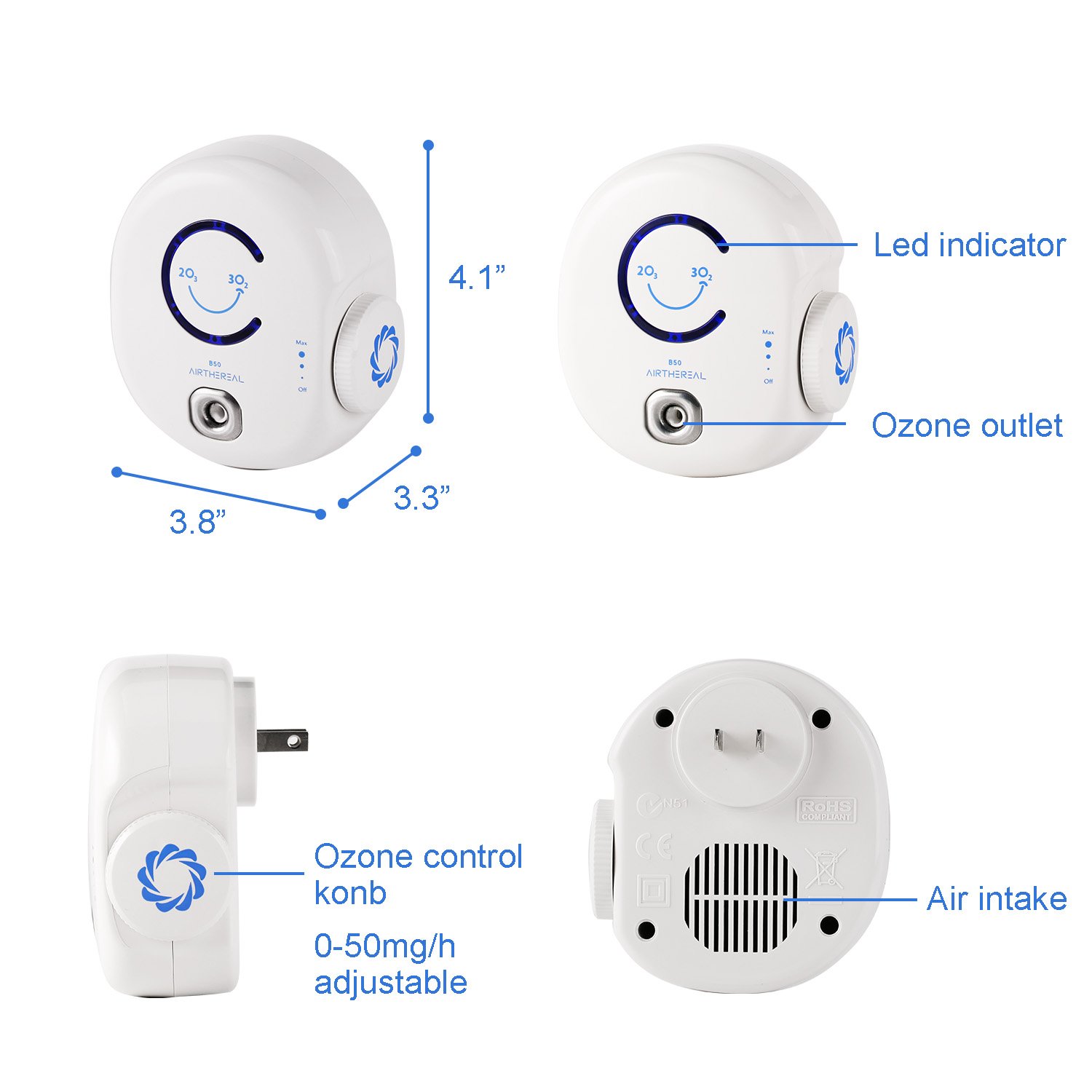 Airthereal B50 Mini Ozone Generator Air Purifier- Removes Odors and Sterilizes Air in Small Spaces Up To 320 Sq Ft - Plug in Mini Air Ionizer, Adjustable Ozone Output of 10-50 mg/h