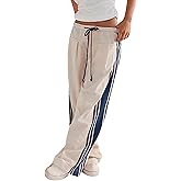 Hongsui Women's Wide Leg Pants Drawstring High Rise Side Striped Slouchy Palazzo Pants with Pockets