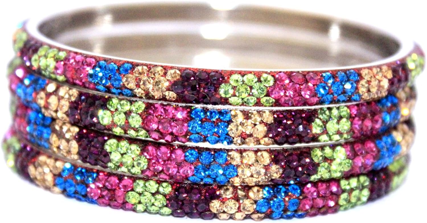 Indian Handmade Multicolor 3 Line 8ss Lac Crystal Metal Bangle Bracelet