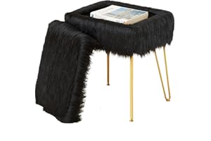 MOOWIND Multifunctional Vanity Stool Chair for Vanity, Padded Seat, Storage Ottoman in Rectangle Fuzzy Fluffy Design, Soft Footrest with 4 Gold Legs for Makeup Room, Bedroom, Living Room, Black