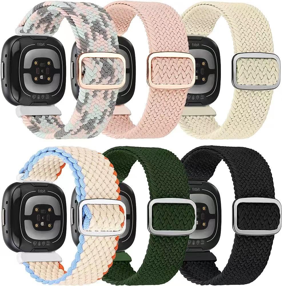 HUYIIO 6-Packs Elastic Nylon Straps Compatible with Firbit Versa 3 / Fitbit Sense Wristband, Adjustable Nylon Replacement Bands Wristband for Women and Men (6 Pack Braided 2)