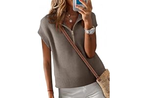 Langwyqu Womens Short Sleeve Cropped Knit Tops Half Zip Cap Sleeve Lightweight Oversized Sweater Vest