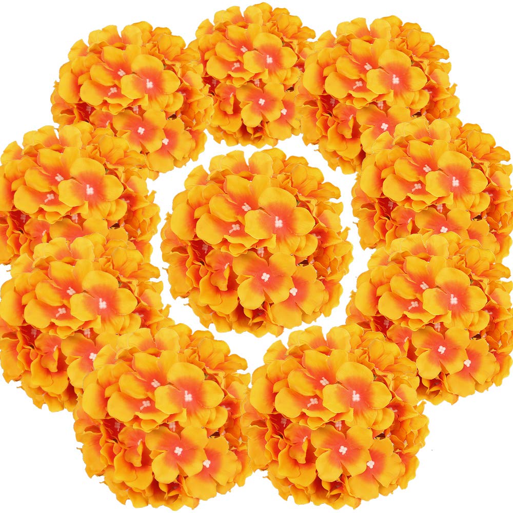 Flojery Silk Hydrangea Heads Artificial Flowers Heads with Stems for Home Wedding Decor,Pack of 10 (Sunset)