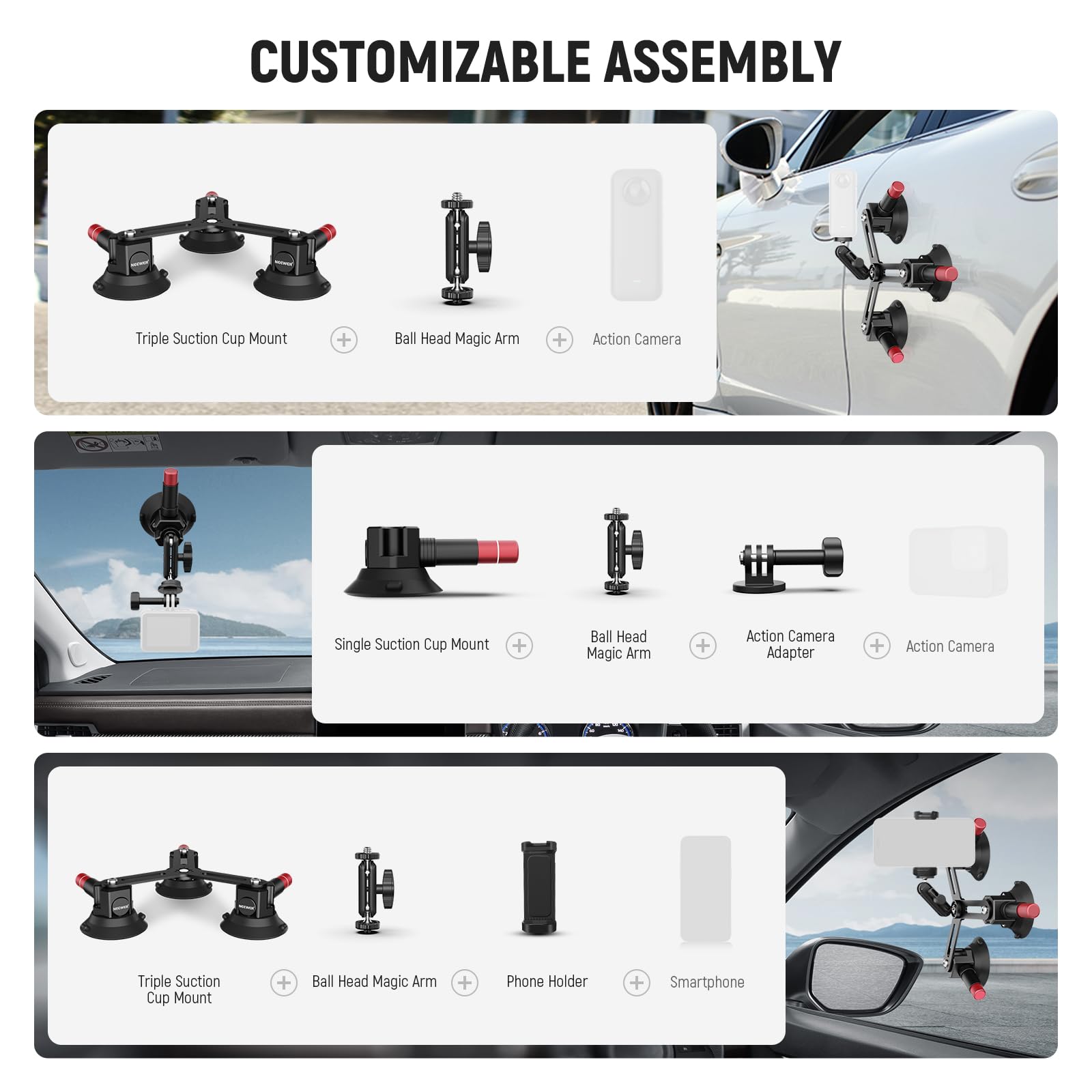Neewer Triple Suction Cup Camera Car Mount [Simplified] with Phone Holder & Action Camera Adapter Compatible with iPhone GoPro OSMO Action Pocket 4 3 2 Hero 12 11 10 Insta360 Samsung, CA067