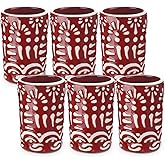 Roshtia 6 Pcs Mexican Tequila Shot Glasses Set 2 oz Talavera Shot Glasses Handmade Ceramic Cups with White Decoration Mexican Pottery Gift Mugs for Tequila Lover Bachelorette Party (Terracotta)