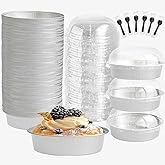 Mini Cake Pans With Lids And Spoons, Baking Tins For Round Small Desserts 7 Oz Aluminum Foil Baking Pans Disposable Ramekins Individual Cake Containers Holders For Tart Quiche Flan (50, White)