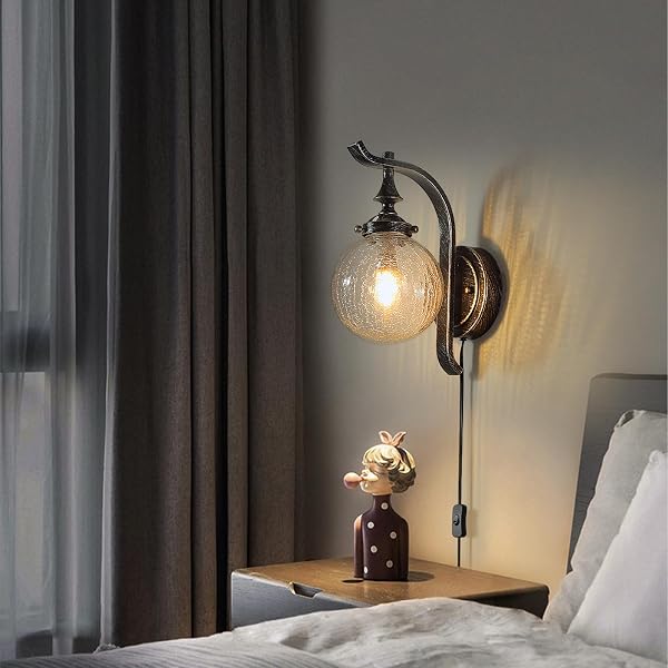 MGCANYU GLOBE GLASS WALL SCONCE SET OF 2, FARMHOUSE VINTAGE PLUG IN WALL LIGHT FIXTURES RUSTIC INDUSTRIAL WALL LIGHTS FOR BEDROOM BATHROOM HALLWAY