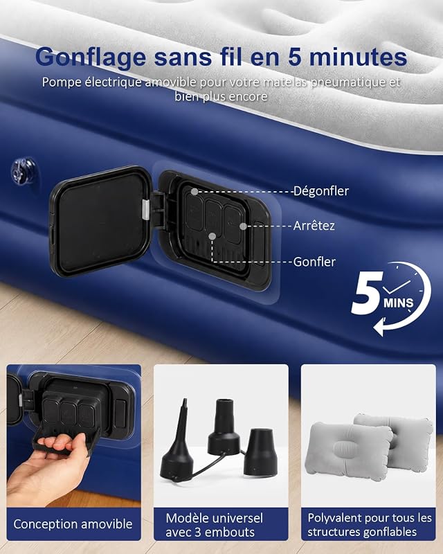 Matelas Gonflable 2 Personnes,200x152x40cm,2600mAh,Charge Max 450kg