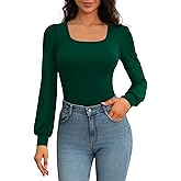 CLOZOZ Square Neck Womens T Shirts Puff Sleeve Shirts for Women Long Slim Fitted Tee Tops