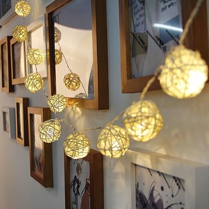 AtneP 2m Bamboo Rattan Ball String Light - (White, Set of 20)