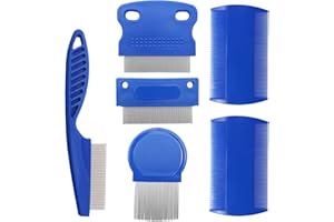 BLMHTWO 6 Pieces Flea Comb, Dog Flea Comb Dog Grooming Flea Comb with Dense Rounded Teeth and 5 Style Stainless Steel and Plastic Tear Stain Comb for Home Travel Pet Shop（Blue）