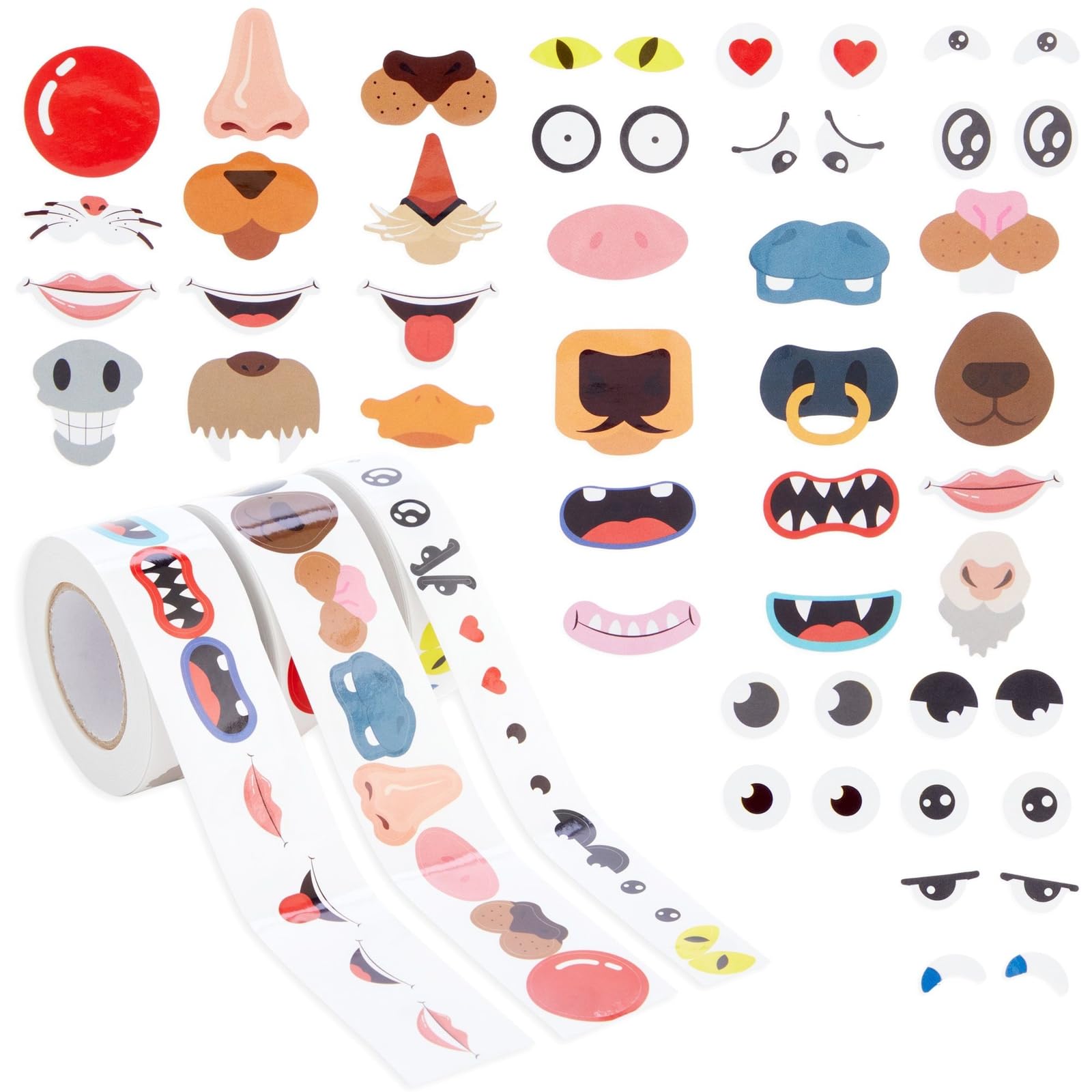 Photo 1 of Okuna Outpost 1500-Pack Funny Face Stickers Eye, Nose & Mouth Parts - 3 Rolls Multicolor Paper - Self-Adhesive Facial Expression & Animal Stickers for Kids Crafts