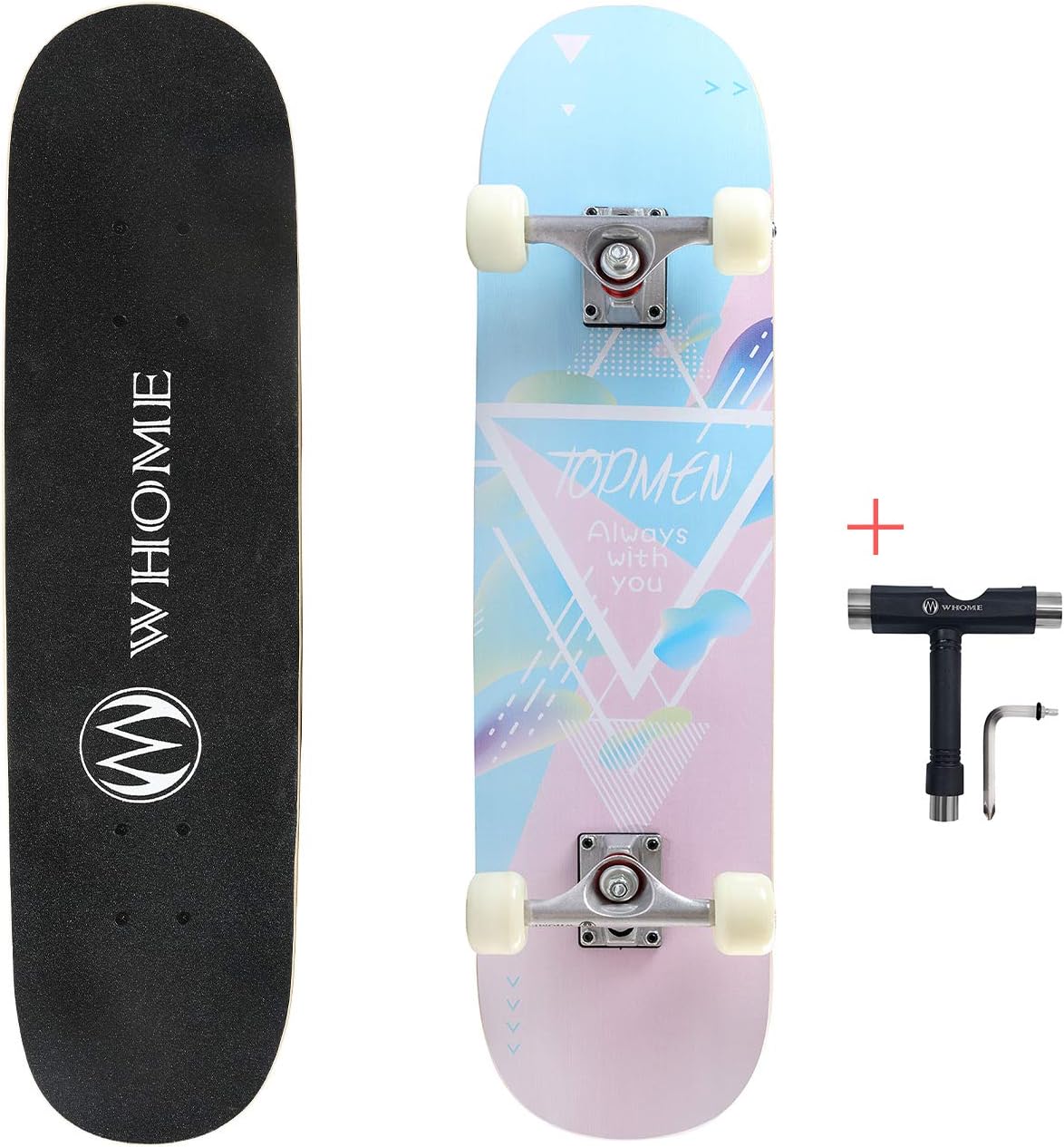 WHOME Pro Skateboard Complete for Adult Youth Kid and Beginner - 31" Double Kick Concave Street Skateboard 8 Layer Alpine Hard Rock Maple Deck ABEC-9 Bearings Includes T-Tool