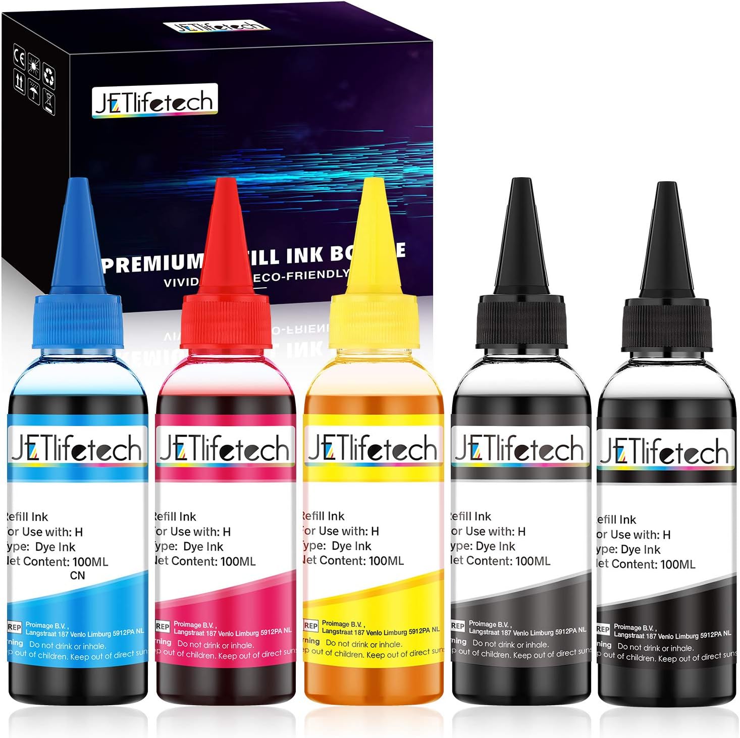 JETlifetech 5 Color Universal Bulk Printer Dye Ink Refill Kit for HP