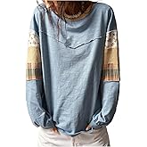 SOLY HUX Women's Boho Floral T Shirt Crew Neck Long Sleeve Patched Tee Casual Loose Fit Tops