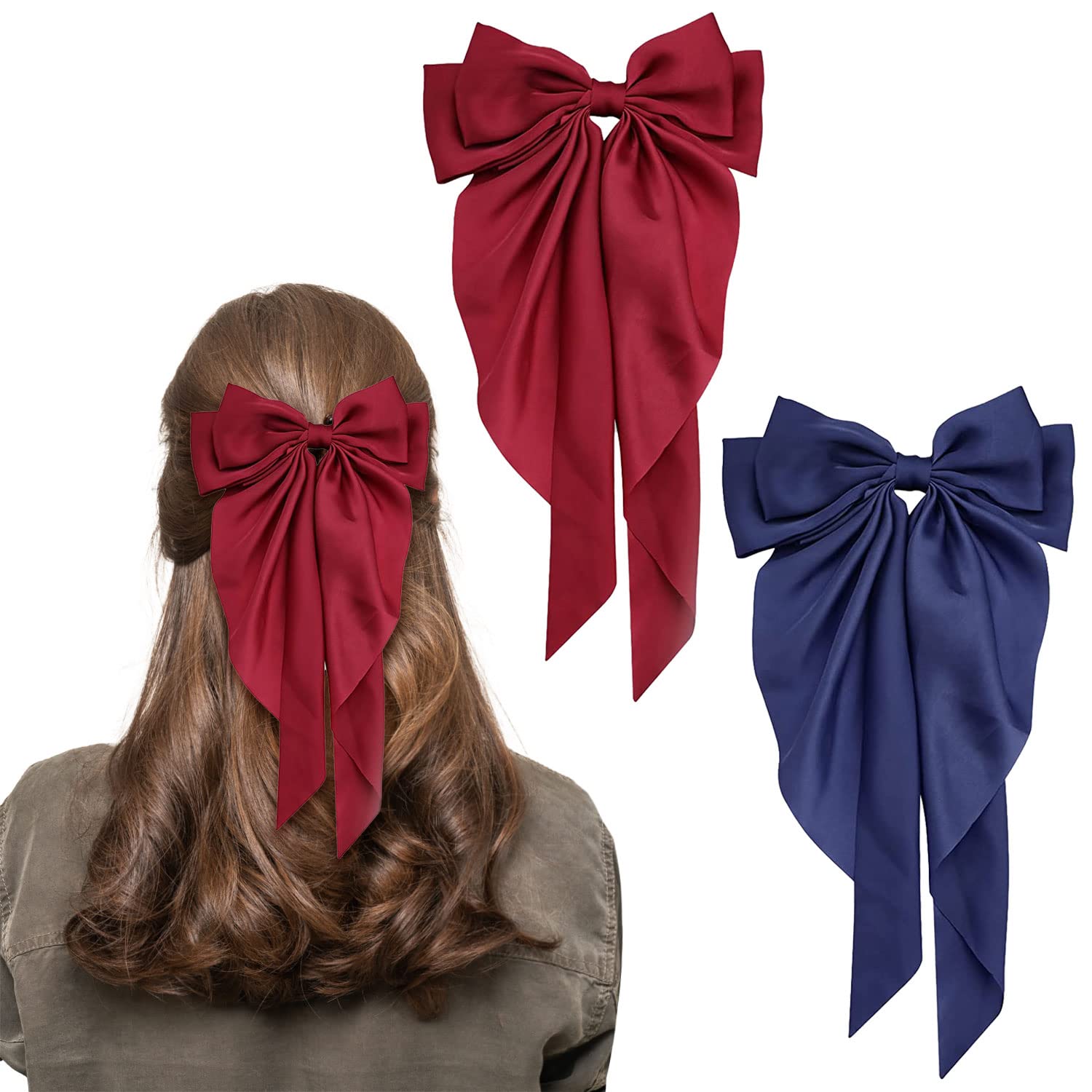 Bow Hair Clip, Hair Bows for Women Big Bowknot Hairpin French Hair Clips with Long Ribbon Solid Color Barrette Clips for Women Girls(Red+navy blue)