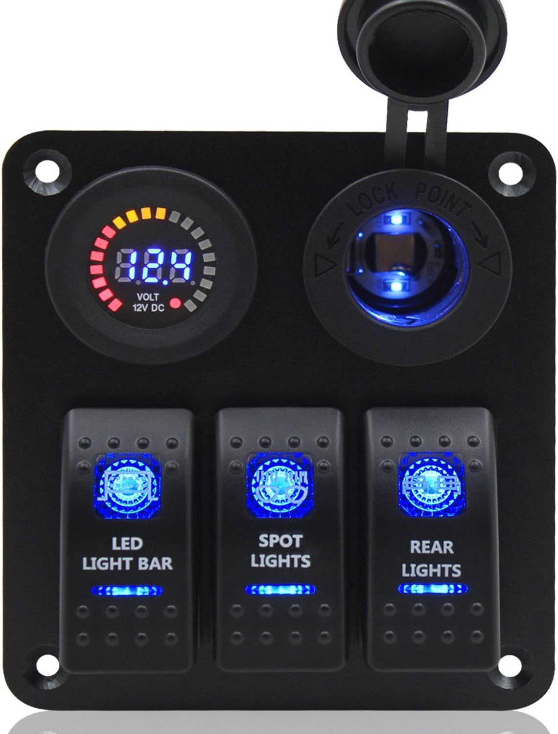 Switch Panel, FABOOD 3 Gang Waterproof Rocker Switches Panel with DC 12V Digital Voltmeter/Power Charger Socket(Cigarette Lighter Socket) and 3 LED Lights Switchs for Marine Boat Car RV