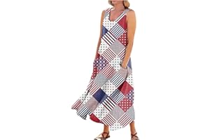 ADHOWBEW 4th of July Dress Women 2024 Sleeveless American Flag USA Patriotic Plus Size Summer Dresses